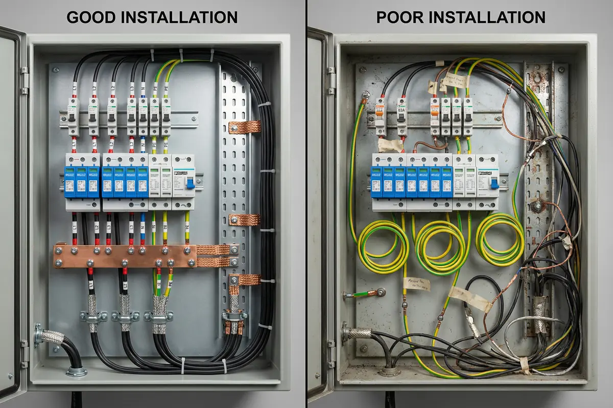 Side-by-side quality comparison: Good vs Poor lightning protection installation